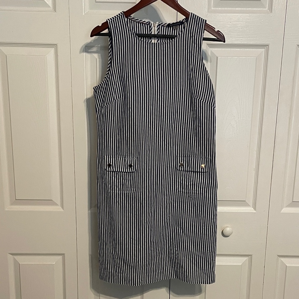 Tommy Hilfiger Navy and White Striped Seersucker Mini Shift Dress